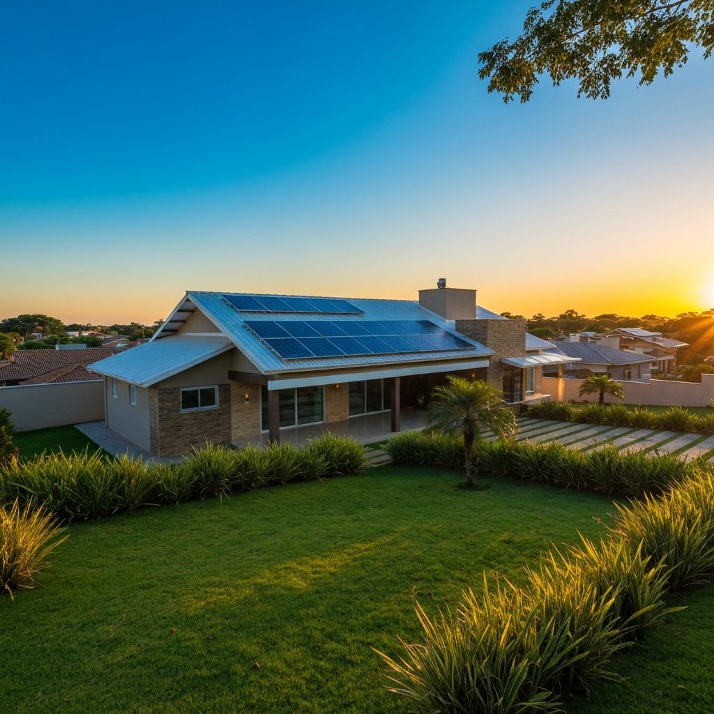 Casa com painéis solares ao pôr do sol